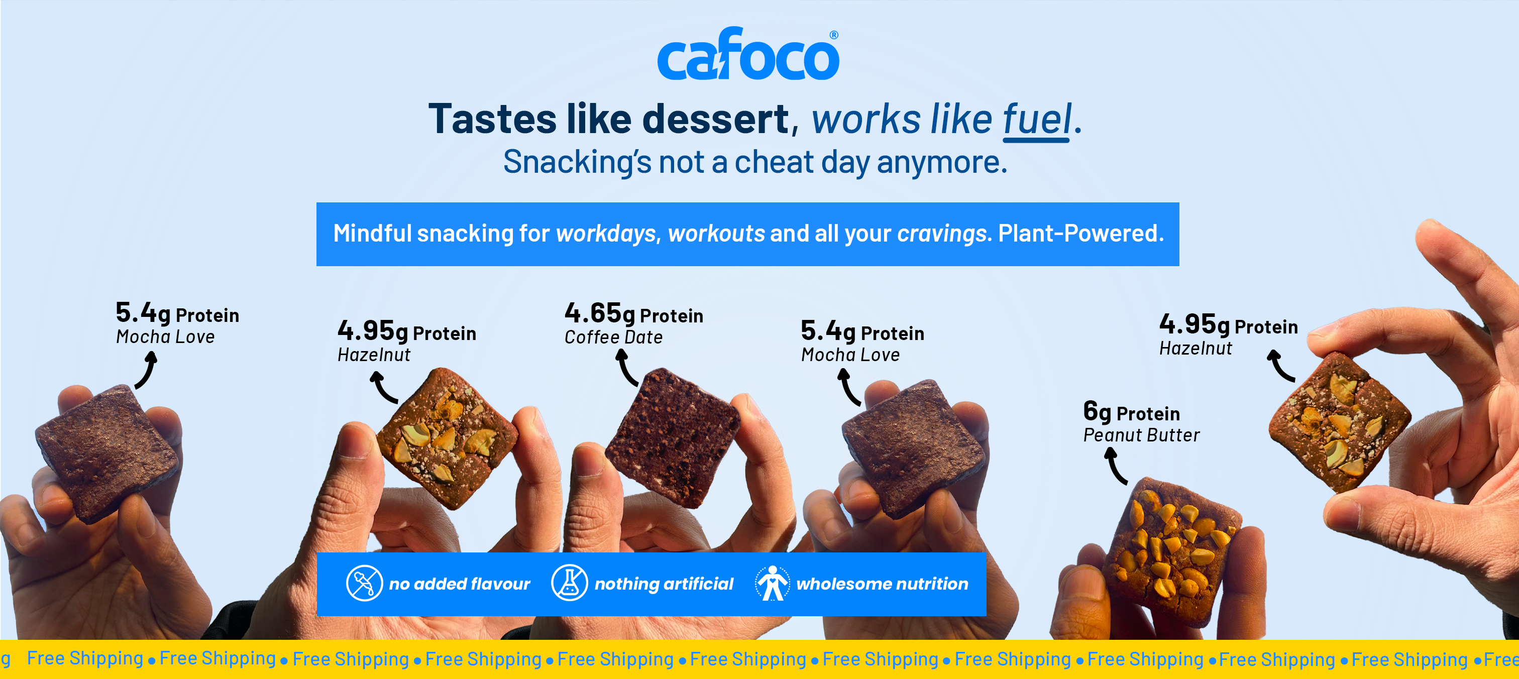 cafoco banner of energy bars with protein content banner mocha love hazelnut, peanut butter, coffee date